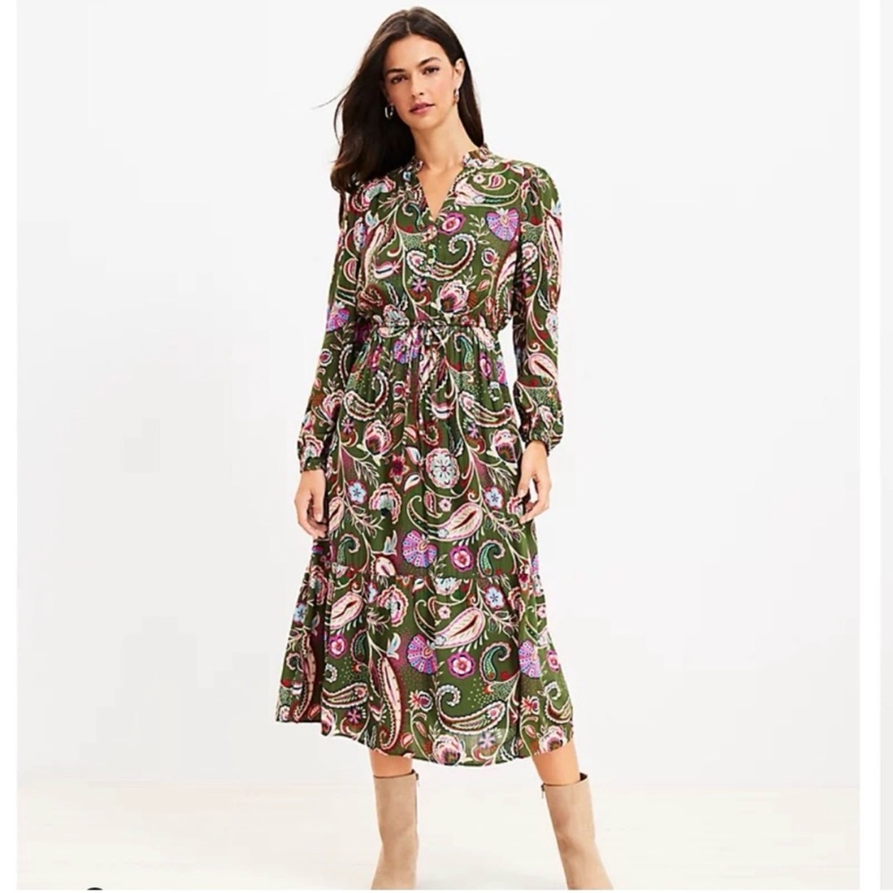 LOFT Green Paisley Ruffle Tiered Midi Dress